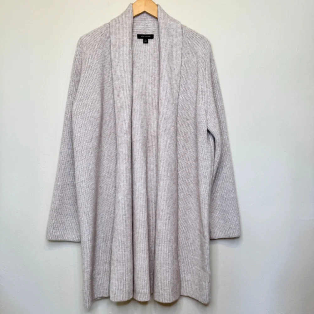 Ann Taylor | Shawl Collar Coatigan Open Front Oatmeal Knit Relaxed Cardigan - Picture 4 of 15
